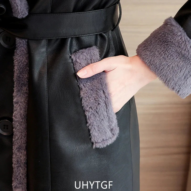 Winter Leather Jacket Women's Fashion Fur Collar Black Casual Warm Coat Female Quality PU Leather Overcoat Ladies