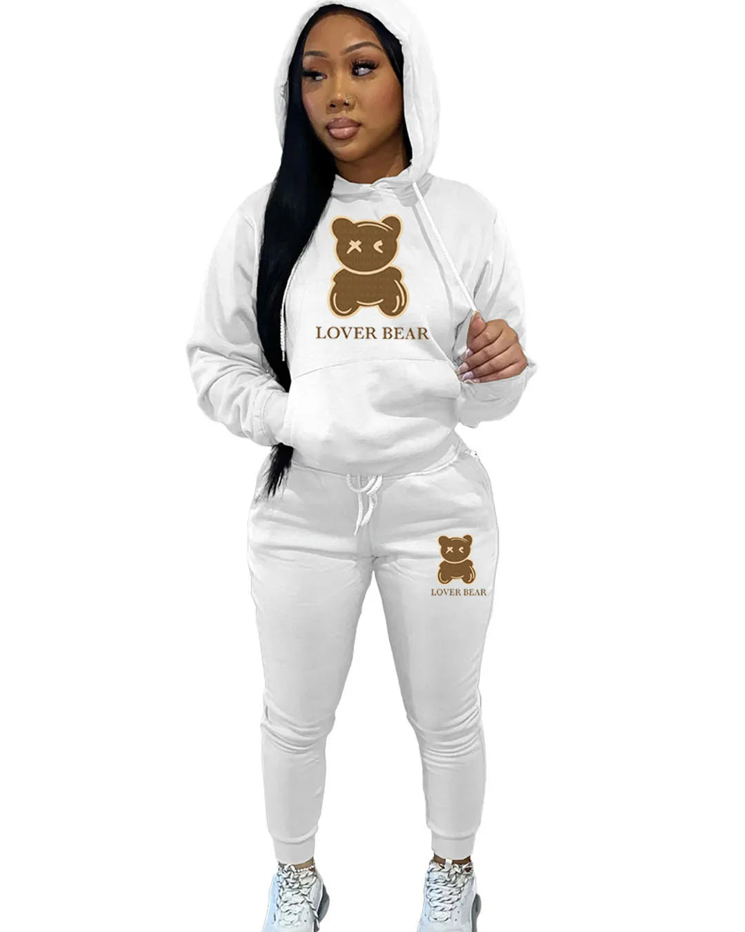 2 Piece Set Women Outfit Letter Bear Print Hooded Neck Hoodies Sweatshirt Pants Tracksuit 2024 Plus Size Streetwear Casual Suit