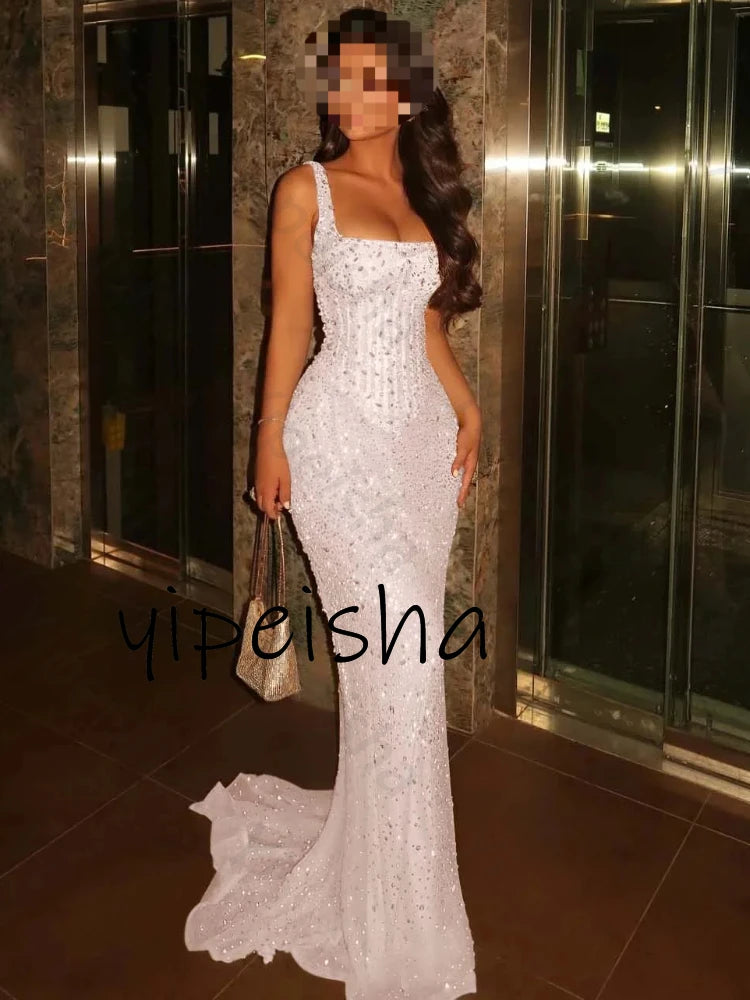 Elegant Mermaid Court Train Evening Dresses Shiny Sequins Square Collar High Quality Sexy Prom Party Gowns for Women Customized