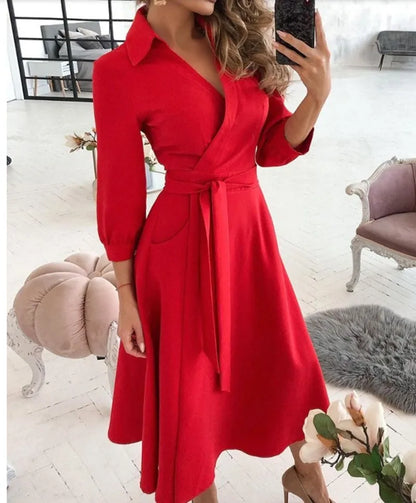 Spring Autumn Fashion Office Ruched Dress Long-sleeved V-neck Red Black Blue Bag Hip Dress Women's Clothing Dress for Women