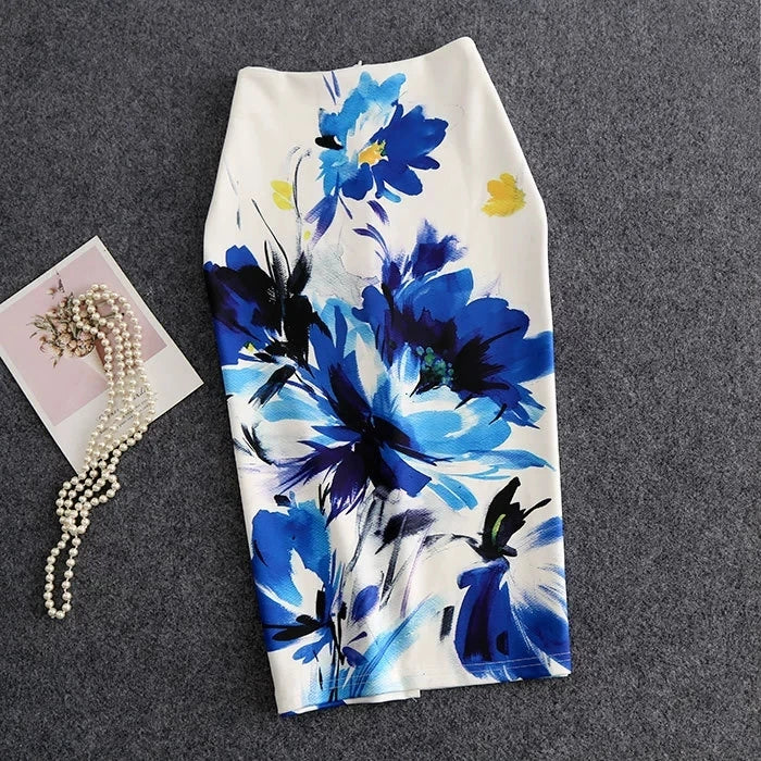Women Vintage Flower Print Bodycon Skirt Slim Midi Sexy Elegant Pencil Skirt Bag Hip Bandage Skirt Hip Wrap Lolita Short Skirt