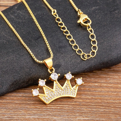 Nidin New Fashion Crown Shape Pendant Collar Gold Color Chain Choker Shiny Zircon Necklace for Women Man Jewelry Party Gifts