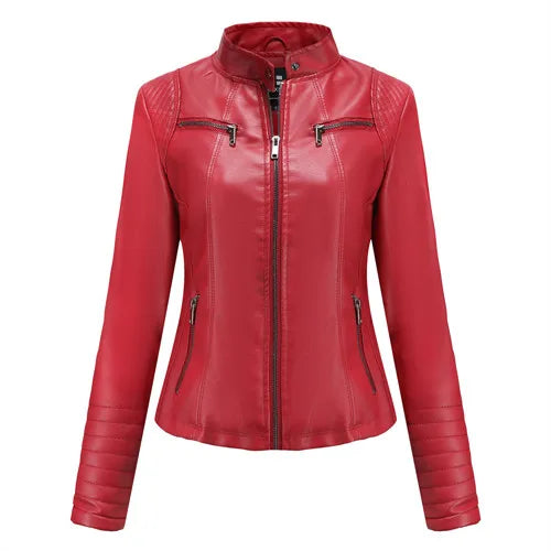 Women's Slim Leather Jacket, Stand-up Collar, Zipper Stitching, Monochromatic Coat, Fashion Clothing, New