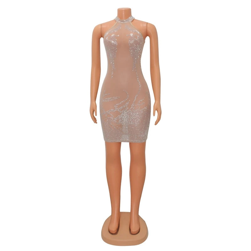 Sexy Party Dress for Women Mesh Sheer See Through Party Club Night Mini Bodycon Dress Luxury Rhinestone Sparkly Birthday Dress