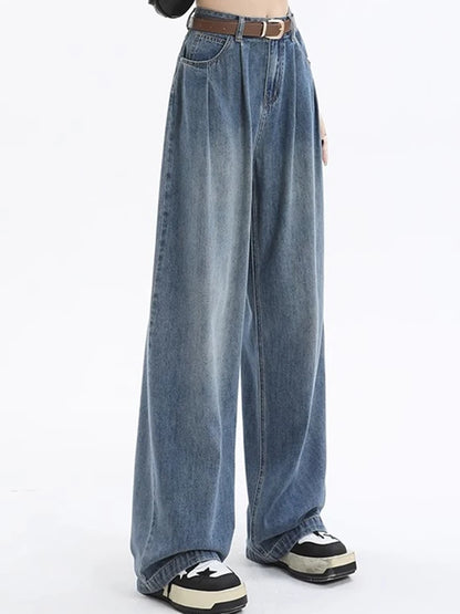 Woman High Waist Straight Leg Jeans Lady Loose Denim Wide Leg Pants Girls Korean Khaki Retro Blue Light Blue Gray White Trousers