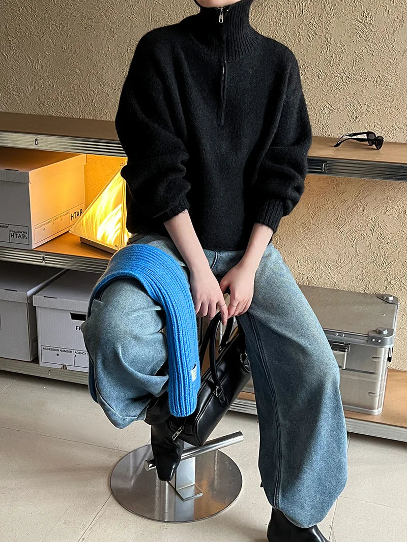 2026 Women Turn Down Collar Sweater Long Sleeve Zipper Design Warm Cardigans Clothes Tops For Women Winter Sweater Pull Femme