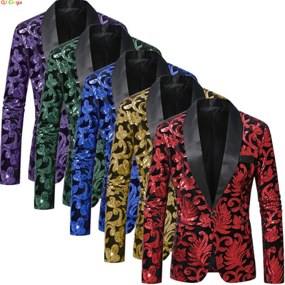 Shiny Sequin Embellished Single Button Stage Performance Outerwear in Blue Gold Green Purple Options for Men's Red Suit Jacket