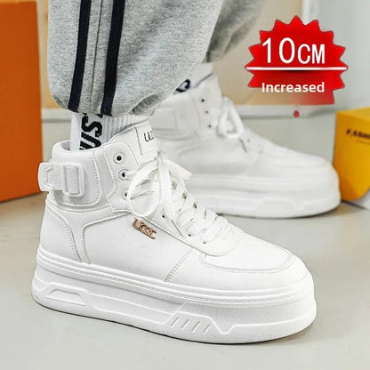 New Autumn/Winter Men's Casual Sneakers 12cm Increased Height 10cm Thick Sole White Shoes High Top Rubber Base Male Footwear