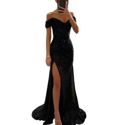 2025 Elegant Off-shoulder Gown Dress V-Neck Sequin Pleated Short Sleeve Waist Tight Maxi Dress Split Evening Party Prom Dress
