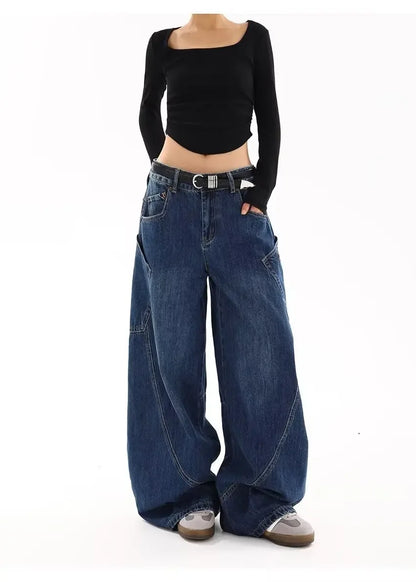 American Retro Knife Pocket Wide Leg Jeans Women's Spring Autumn Style Hot Girl High Street Design Loose Floor-Length Pants