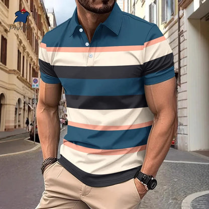 New Summer Striped Patchwork Striped Men's Polo T-shirt Fashion Lapel Button Sports Trend Street Wear Short Sleeve Top Men Shirt