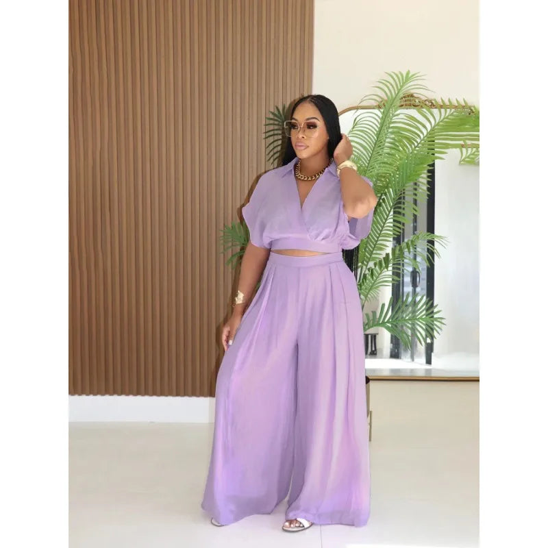 Fashion Summer Women's Set Turn Down Collar Blouse Top and Wide Leg Pants Suit 2025 Two 2 Piece Sets Outfit Tracksuit