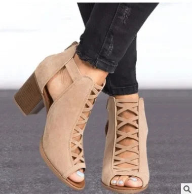 Wish2025 Summer New Roman Fish Mouth Hollow out Large Size 43 Buckle Sandals Thick Heel High Heel Independent Station Shoes