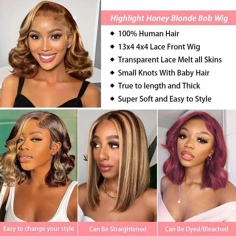 Short Body Wave Bob Wig Highlight Brown 13x4 Transparent Lace Frontal Wigs Mix Ombre Blonde 4/27 Color Brazilian 100% Human Hair