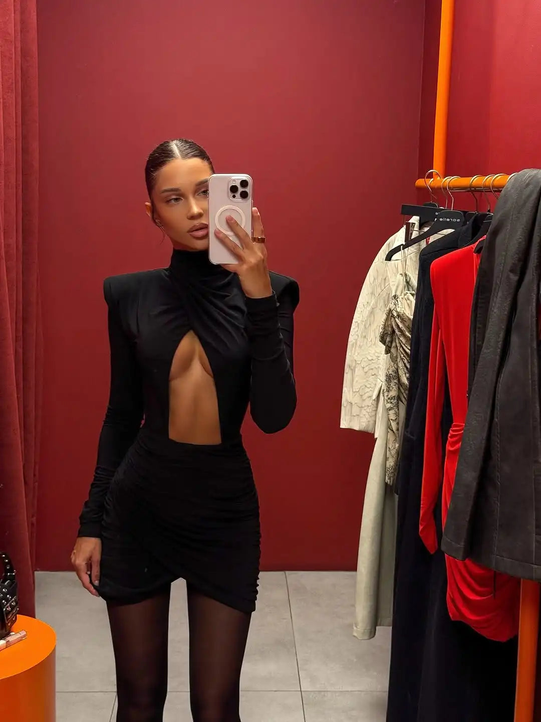 Sexy Hollow-out Pleated Mini Dress Women Fashion Solid Half High Collar Long Sleeve Slim Dresses 2025 Lady Party Club Robes