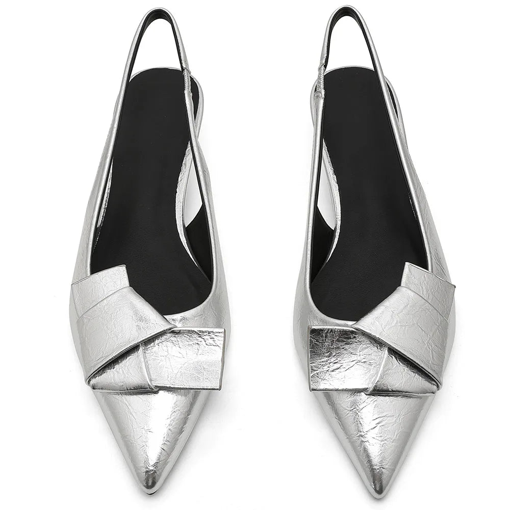 GIGIFOX Kitten Low Heels Bownkot Pointy Toe Leisure Sandals Pleated Slip-on Back Strap Flats Chic Office Ladies Shoes For Woman