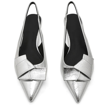 GIGIFOX Kitten Low Heels Bownkot Pointy Toe Leisure Sandals Pleated Slip-on Back Strap Flats Chic Office Ladies Shoes For Woman