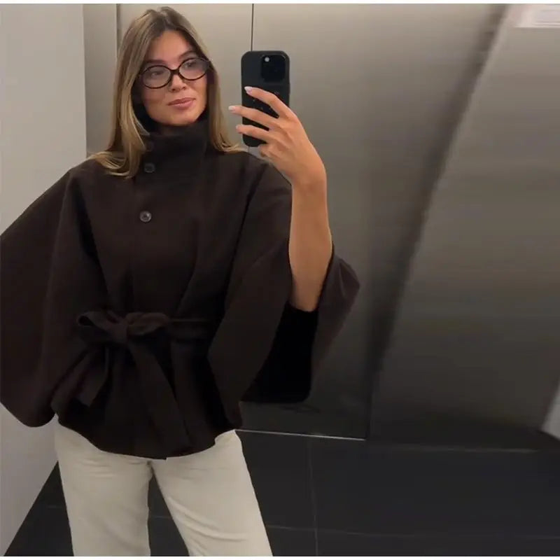 Elegant Fleece Women's Coats Solid Stand Long Sleeve Belted Lace-Up Button Jackets 2025 Autumn Winter Outerwear Female Tops