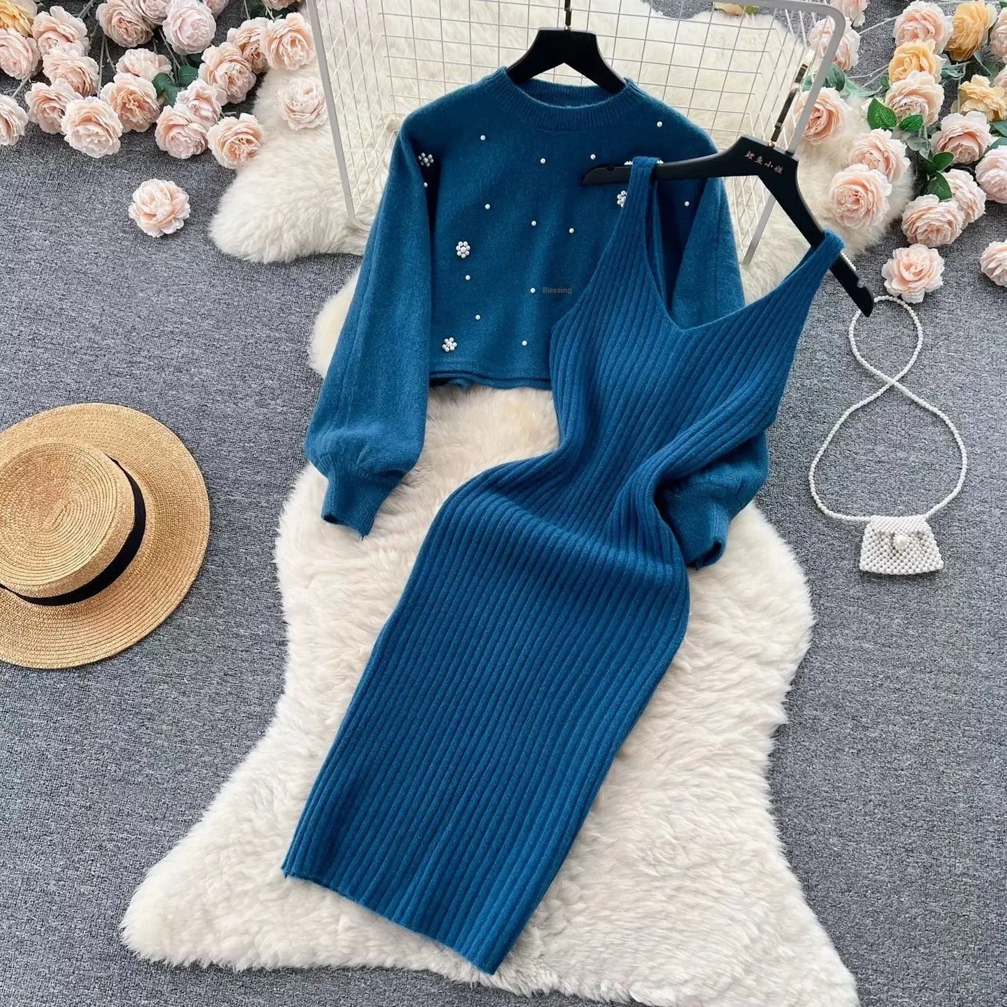 Autumn Winter Slimming Knitted Sweater Dress Set Women's Mid-Length Base Layer Knee-Over Bottoming Dresses Fashionable