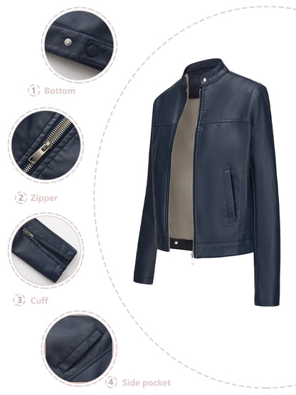 Black Women's Fitted Leather Jacket with Front Zipper & Side Pockets‌, Available in Brown, Navy Blue, and Beige.