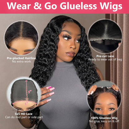 Curly Glueless Wigs Human Hair Ready to Wear Deep Wave Lace Front Wigs Wear And Go Pre Plucked Pre Cut 5x5 4x4 Lace Closure Wigs