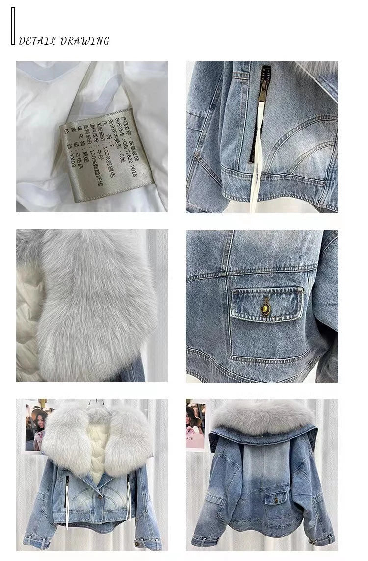 Womens Coats Spring New 100%Natural Real Fox Fur Collar Fashion Short Denim Jacket Luxury Goose Down Puffer Jackets Clothing