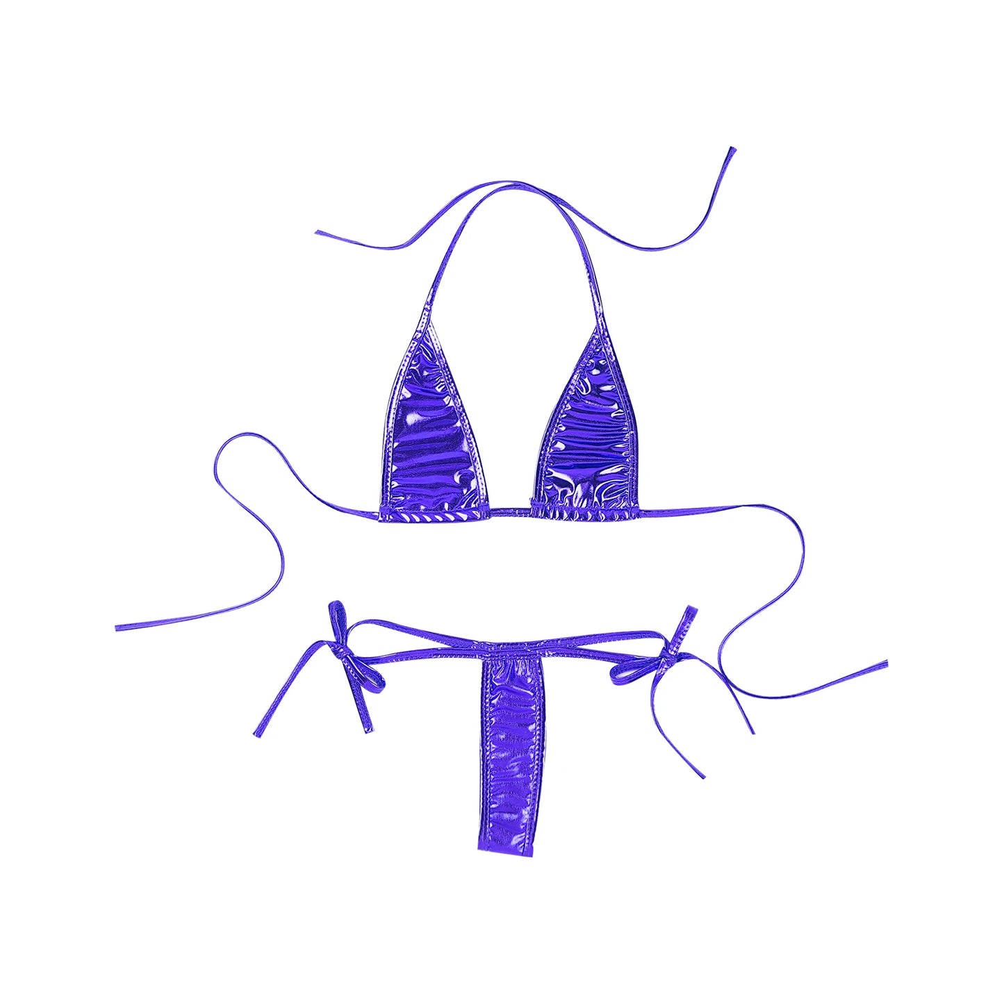 Womens Brazilian Micro Bikini Swimsuit Biquini Set Lacing Non-Padded Triangle Cup Bra Top with G-String Metallic Shiny Swimwear