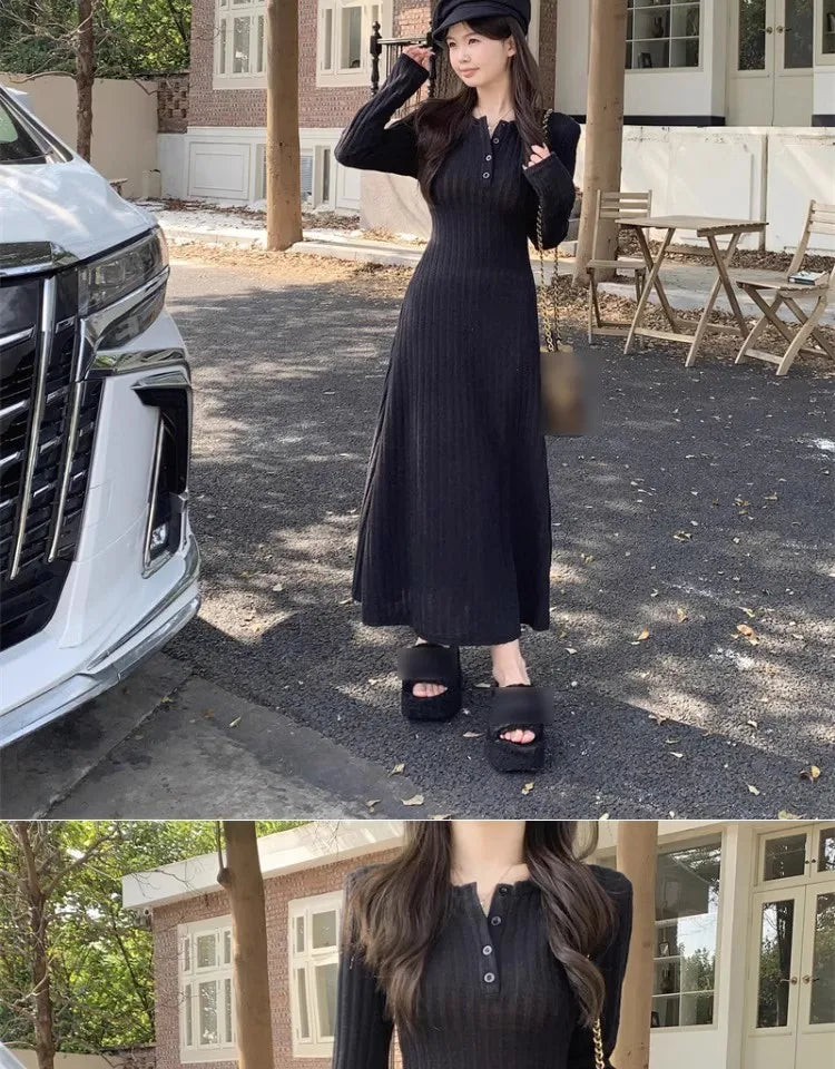 French Style Long Sleeve Knitted Dress Vintage Waist Cinching A- Line Skirt Women Autumn Winter New Arrival Slimming Inner Wear