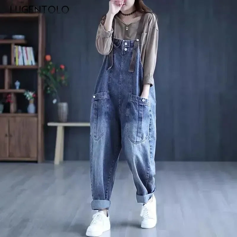 Jumpsuit Women Jeans Rompers New Retro Big Pocket Loose Denim Overalls Fashion Casual Wide-leg Pants Jumpsuits Cloth
