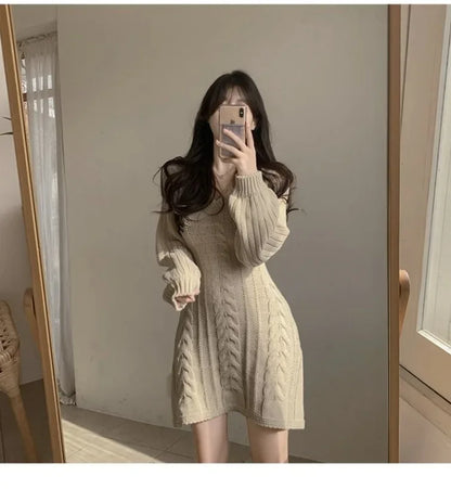Korean Chic Autumn Gentle V-neck Linen Pattern Design Slimming Long Sleeve A- line Knitted Dress High Collar Ankle-length Dress