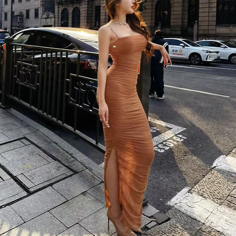 Womens Dress Mesh Ruched Slim Fit Long Spaghetti Strap Elegant Dress Must Have For Elegant Parties And Evening Banquets