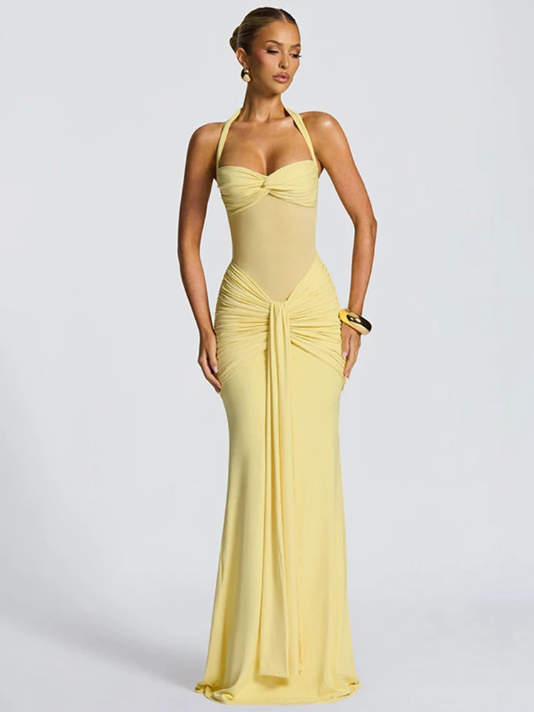 kliou Patchwork Elegant Women Maxi Dress Classic Sexy Sheer Ribbons Halter Backless Bodycon Female Trend Festival Evening Wear