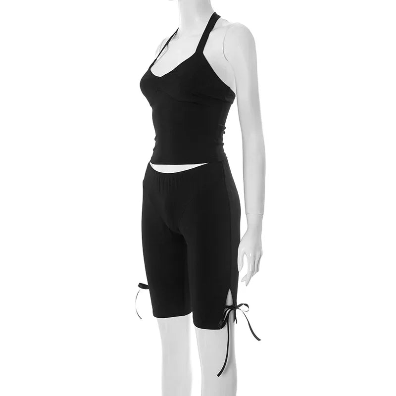 Women Solid Sexy 2 Piece Set Summer Tracksuits Lace Up Halter Backless Tank Crop Tops + Skinny Knee Length Pants Fitness Suits