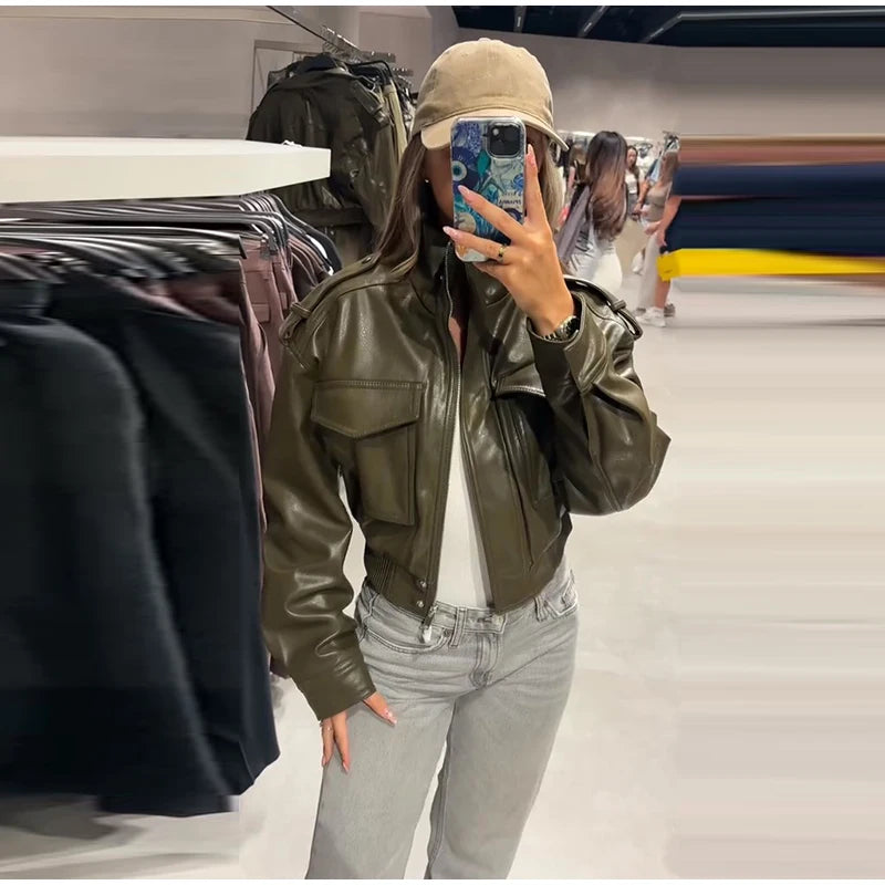 Vintage Zippers Short Leather Jackets Women's Casual Lapel Button Pockets Full Sleeve Coat 2025 Autumn New Lady Chic Streetwear