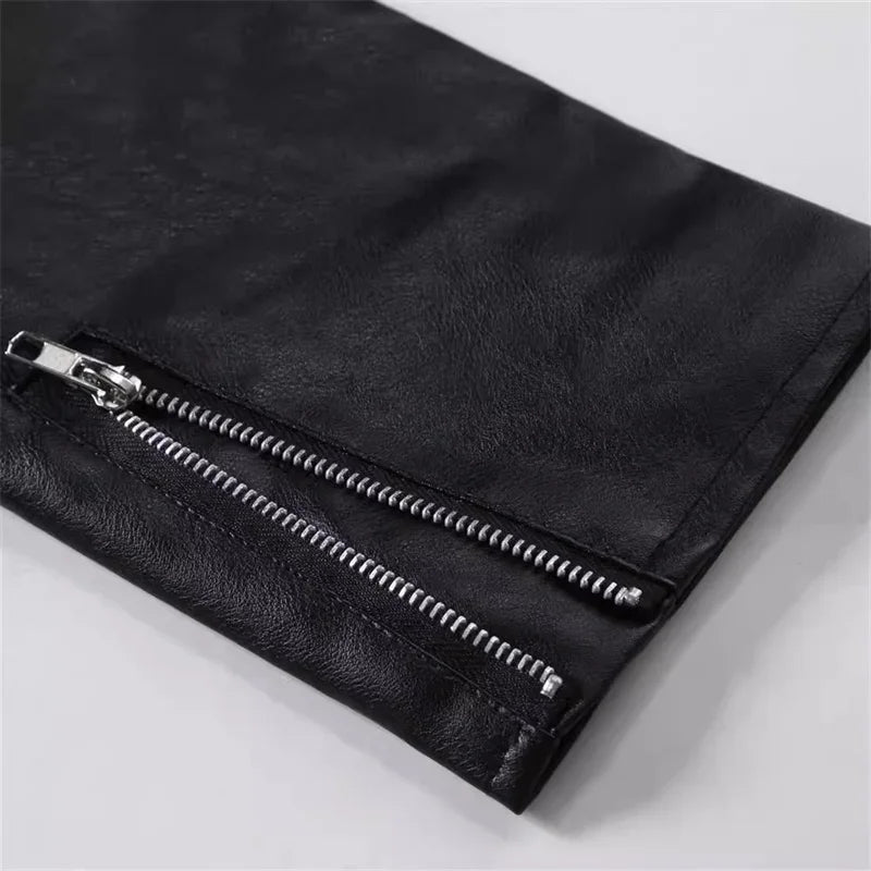 2025 New Men Solid Color Imitation Leather Jacket Red Fashion Homme Oblique Zipper Biker Coats Male Bar KTV Casual Top