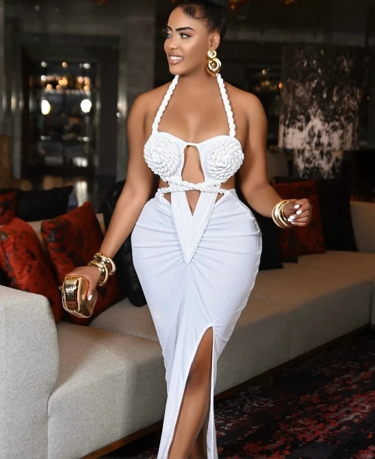 Women's Hollow Out Sleeveless Sexy Knitted Halter Neck Backless Solid Color Dress for Summer 2025