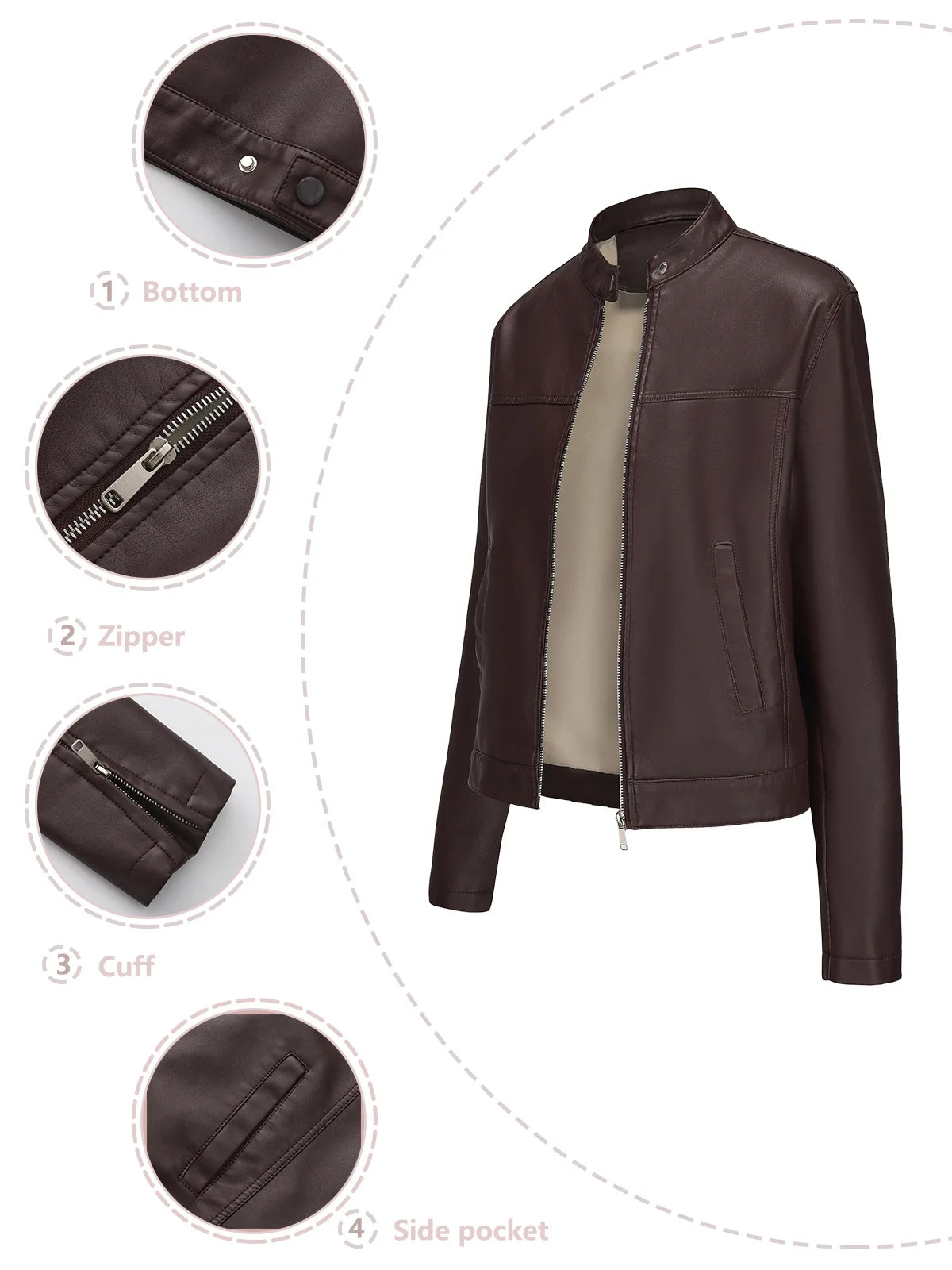 Black Women's Fitted Leather Jacket with Front Zipper & Side Pockets‌, Available in Brown, Navy Blue, and Beige.