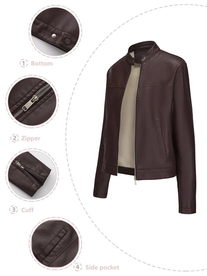 Black Women's Fitted Leather Jacket with Front Zipper & Side Pockets‌, Available in Brown, Navy Blue, and Beige.