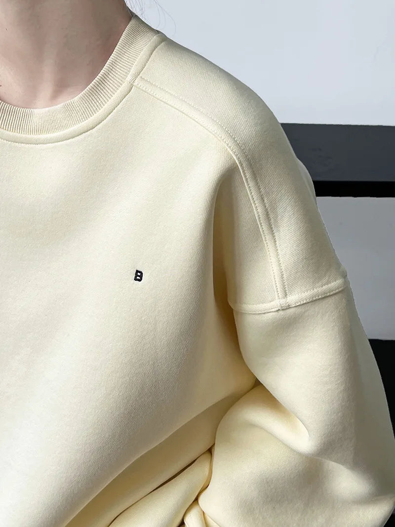 NS Pure Color Lazy Loose BF Hoodie Women's Simple Shape Sweatshirt Long Sleeve Letter Embroidery Top Casual Style Cotton Blend