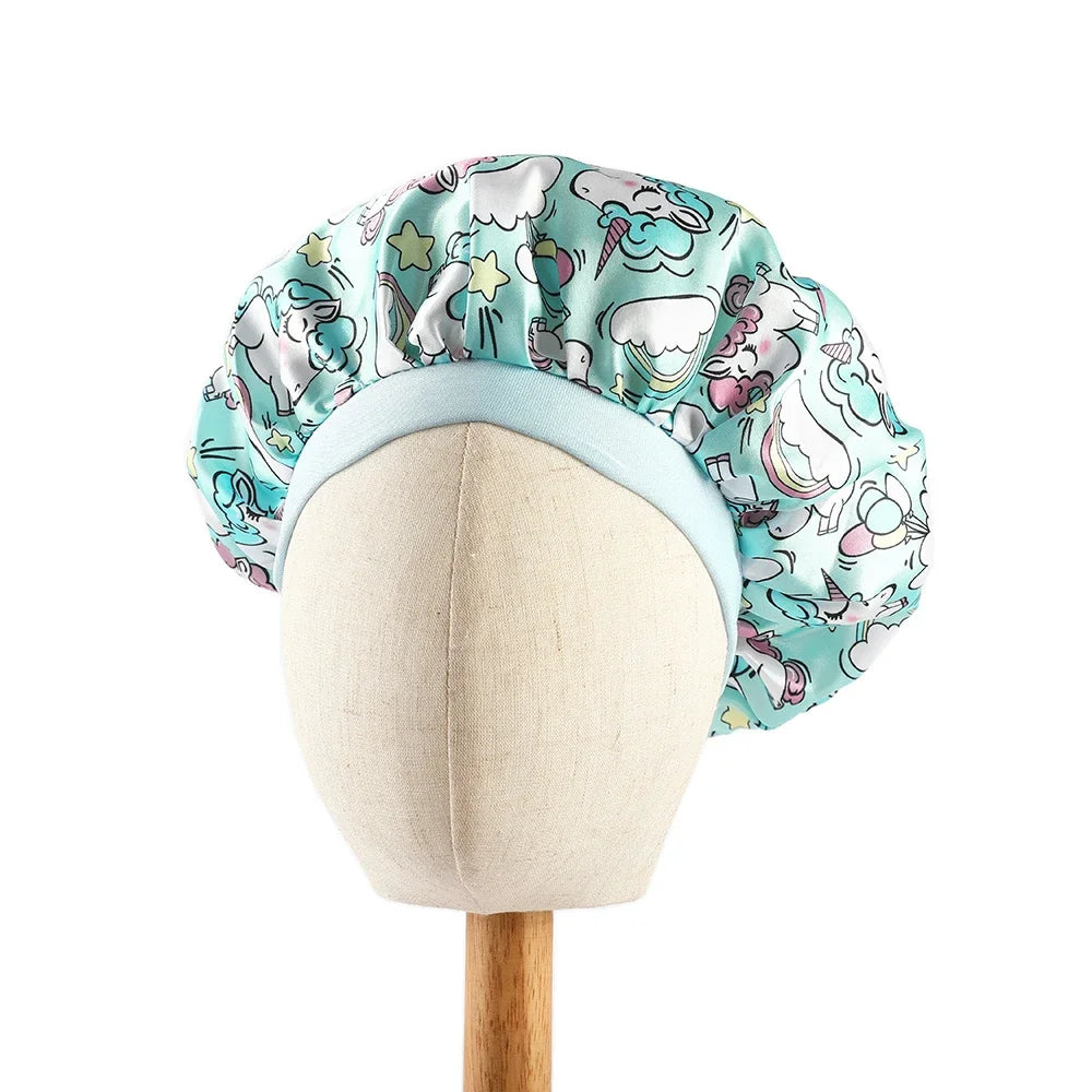 New Baby Unicorn Cartoon Print Satin Night Sleep Cap Elastic Wide Band Bonnet Hair Cover Hat Beanie Salon Bath Spa Shower Caps