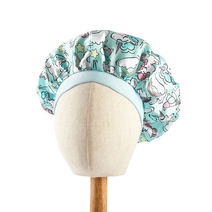 New Baby Unicorn Cartoon Print Satin Night Sleep Cap Elastic Wide Band Bonnet Hair Cover Hat Beanie Salon Bath Spa Shower Caps