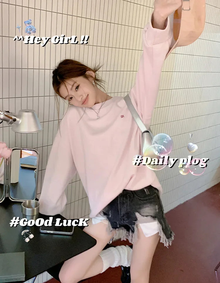 Light Pink Lettered Oversized Shoulder Sweatshirt Women's Full Sleeve round Neck Spring Autumn New Style Comfortable Casual Top