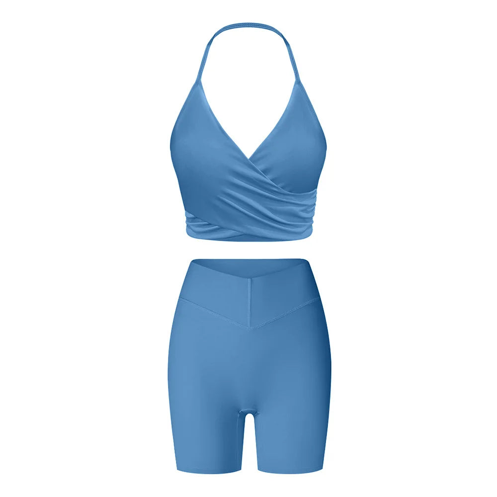 2 Pieces Wrap Front Gym Fitness Suit Women Long Sleeve Legging Workout Yoga Set Sports Bra Short Sports Clothes Tracksuit Female