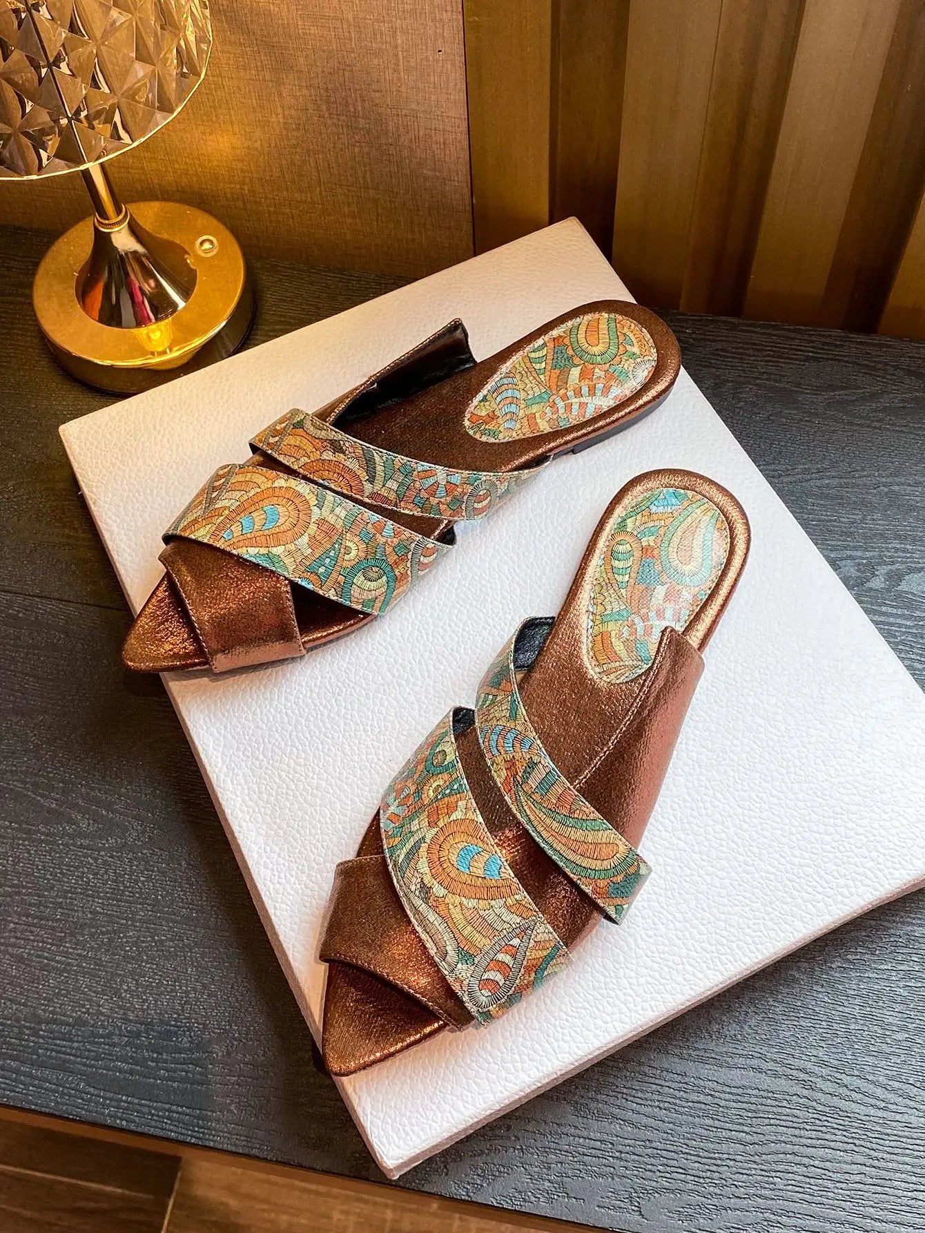 Women's sandals flat pointed Peep Toe slippers totem large size shoe snake pattern stone pattern sandals for women Flat slippers