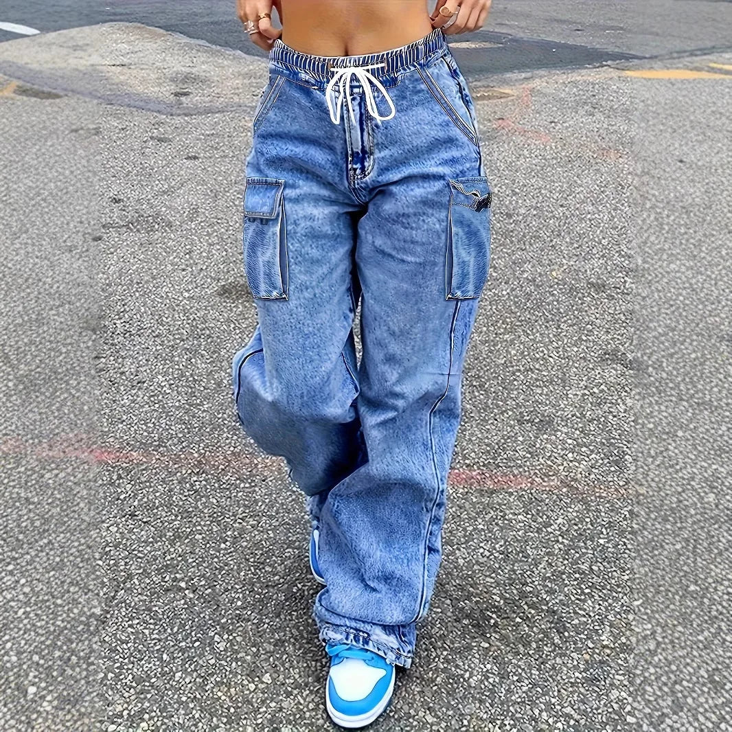 Cargo Pants Jeans Women Streetwear Straight Trousers Multiple Pockets High Waist Vintage Distressed Washed Female Denims 2025