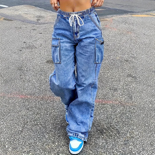 Cargo Pants Jeans Women Streetwear Straight Trousers Multiple Pockets High Waist Vintage Distressed Washed Female Denims 2025