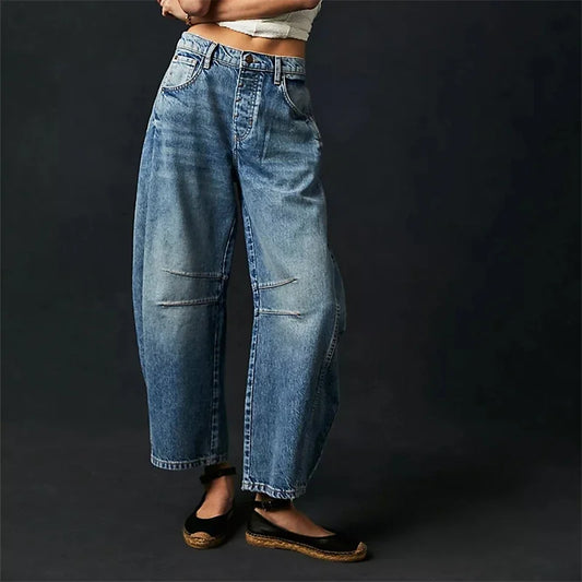 High Stretch Mid-Rise  Jeans Fashion Wide Leg Shape Women Casual Baggy Mid Waist Denim Jeans