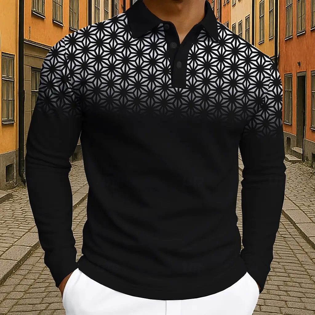 Men's Geometic Golf Polo Long Sleeve Polo Shirts Athleisure Daily Wear 3D Prints Breathable Buttons Tops 2025 Fall Winter
