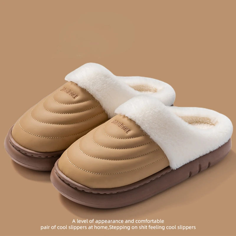 Plus Size 48-49 Waterproof Women's Home Slippers Flat Heel Non Slip Cotton Slippers Woman Faux Fur Warm Living Room Shoes Female