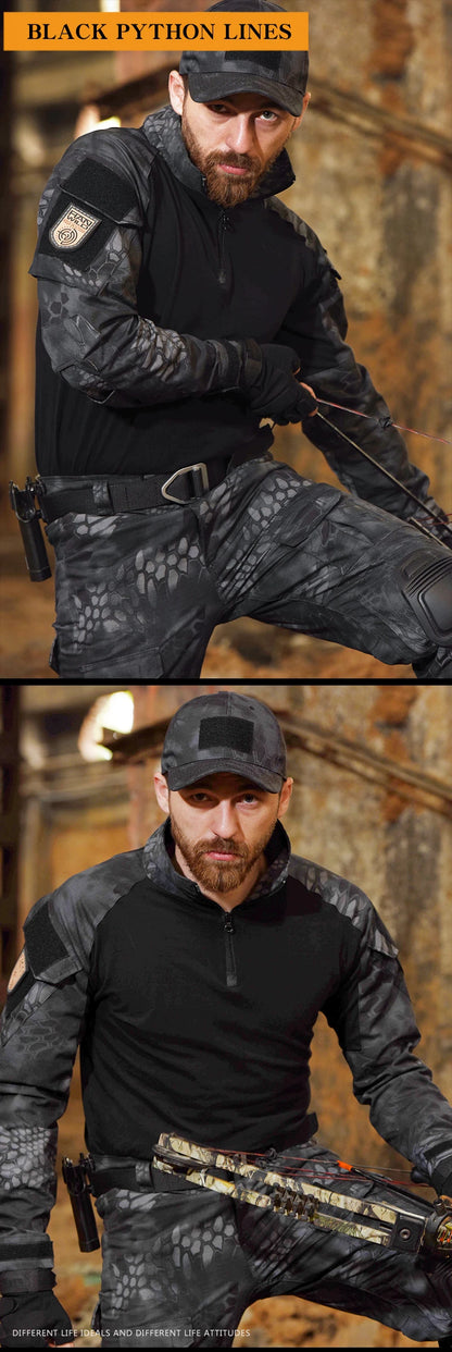 Men's Outdoor Tactical Shirts Long Sleeve Outfit Combat Shirt 1/4 Zipper Ripstop Tops Workwear pullover Camo Airsoft T-Shirts